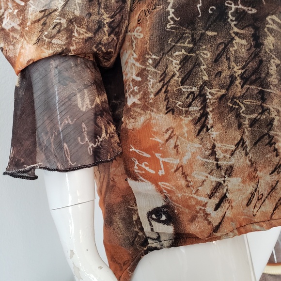 Off-shoulder Multi Print Blouse with Flounce Sleeves & Elastic Cuffs - Picture 7 of 8